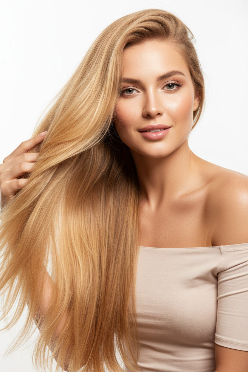 Mujer rubia con cabello largo brillante y saludable