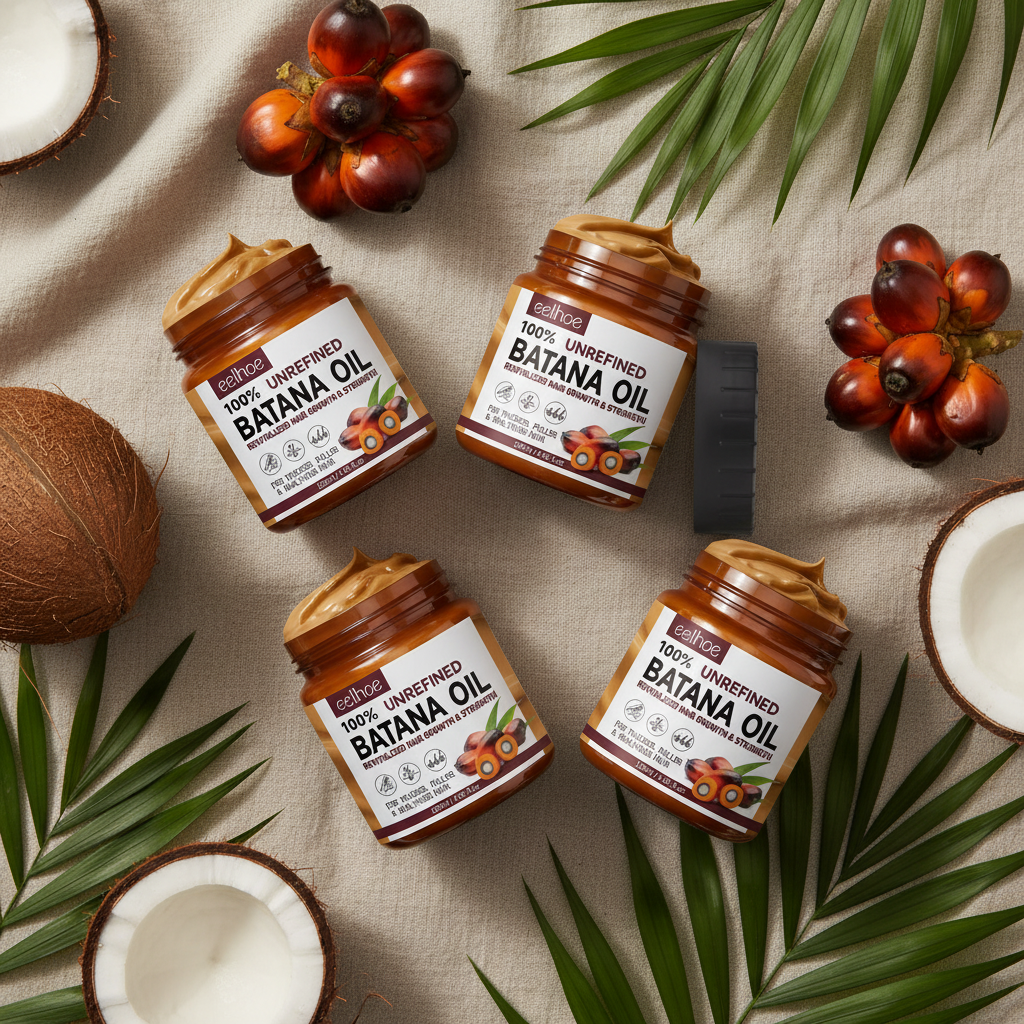 Flat lay Aceite de Batana 4 unidades con ingredientes naturales