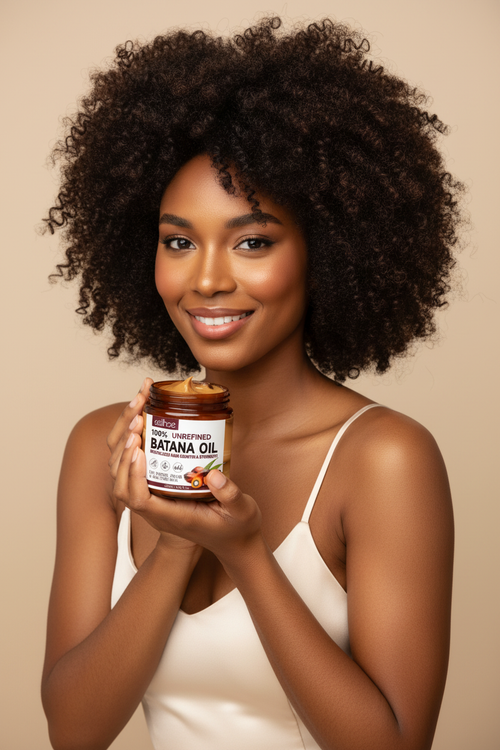 Mujer afro con cabello natural y saludable usando Aceite de Batana