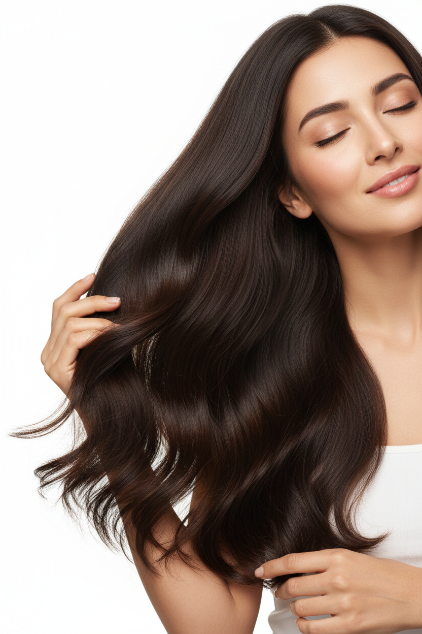Mujer morena con cabello largo brillante y saludable