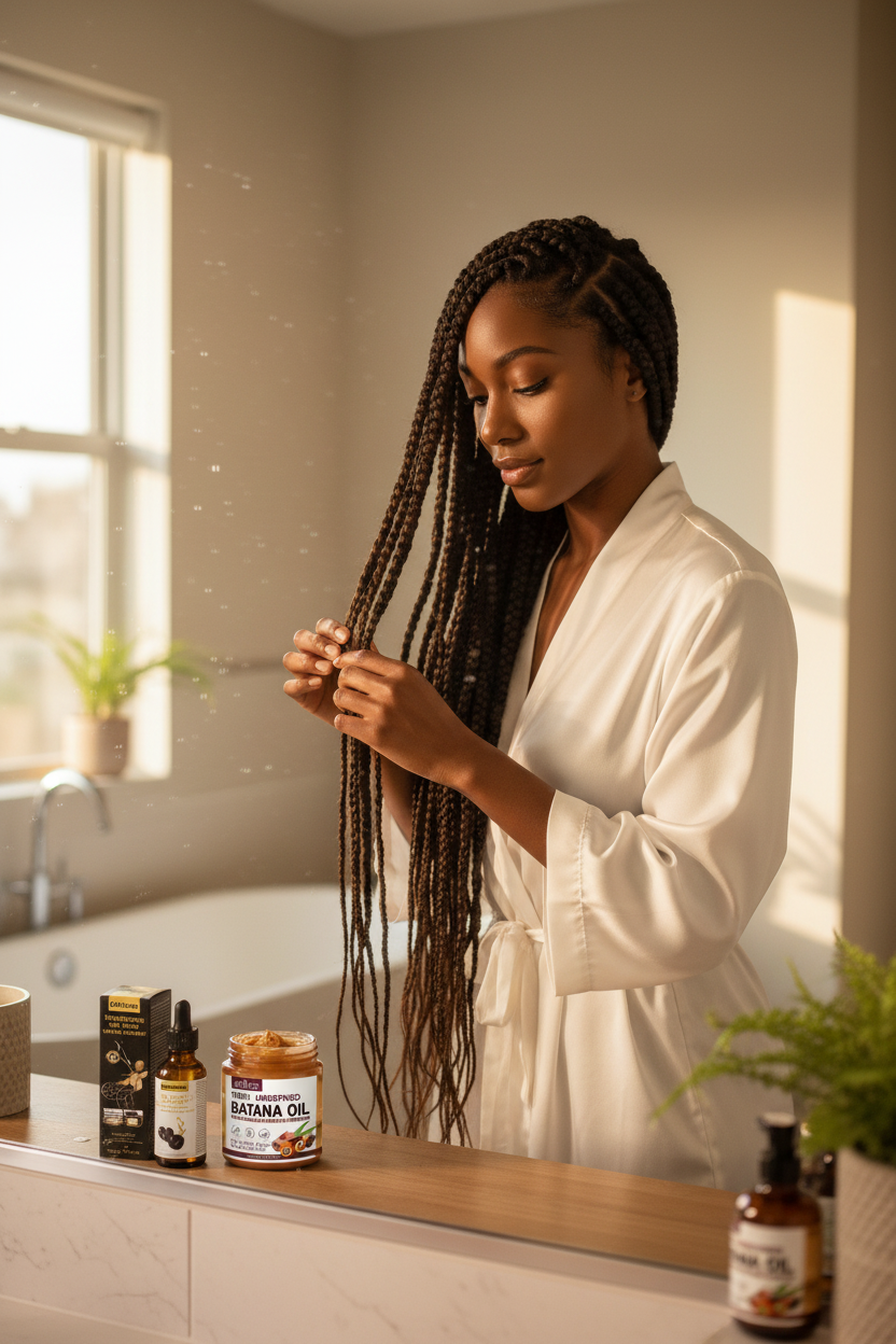 Mujer afro con trenzas aplicándose el Aceite de Batana